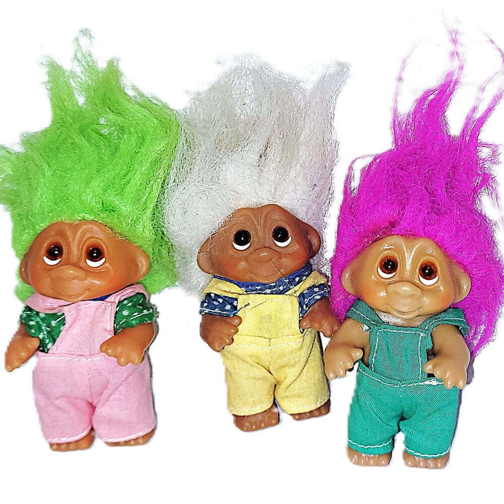 (4 B) A Trio Of 3" Vintage DAM Norfin Troll Farmers in  Bib Overalls Lot of 3